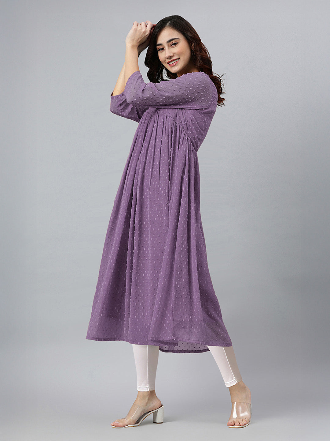 Janasya Lavender Flared Dobby Chiffon Kurta