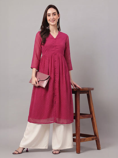 Janasya Pink A-Line Dobby Chiffon Kurta