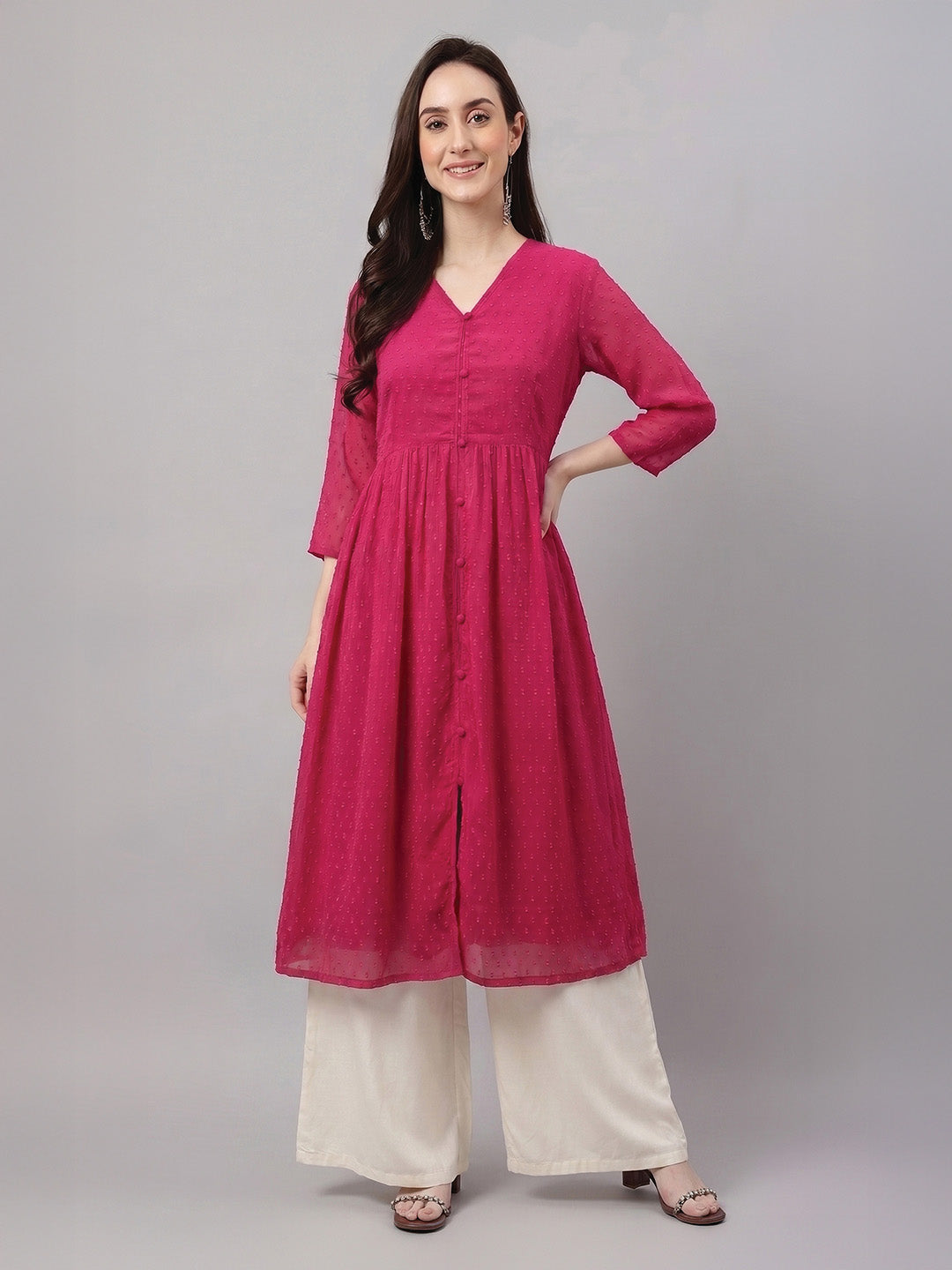 Janasya Pink A-Line Dobby Chiffon Kurta