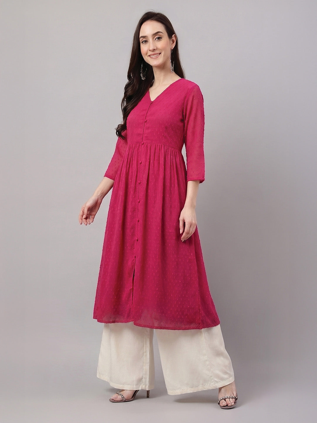Janasya Pink A-Line Dobby Chiffon Kurta