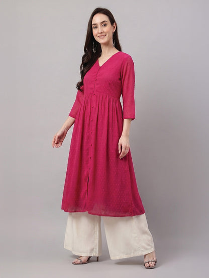 Janasya Pink A-Line Dobby Chiffon Kurta