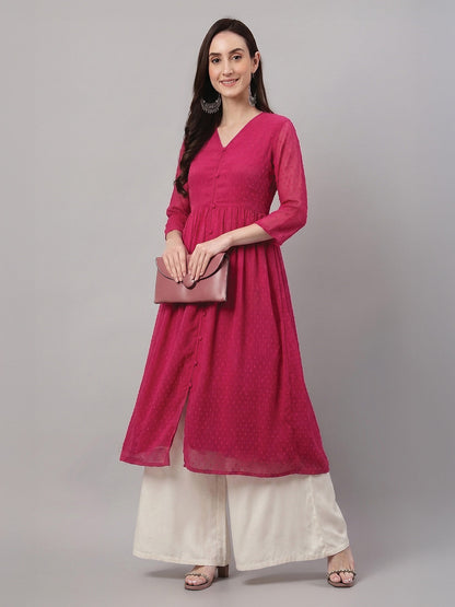 Janasya Pink A-Line Dobby Chiffon Kurta