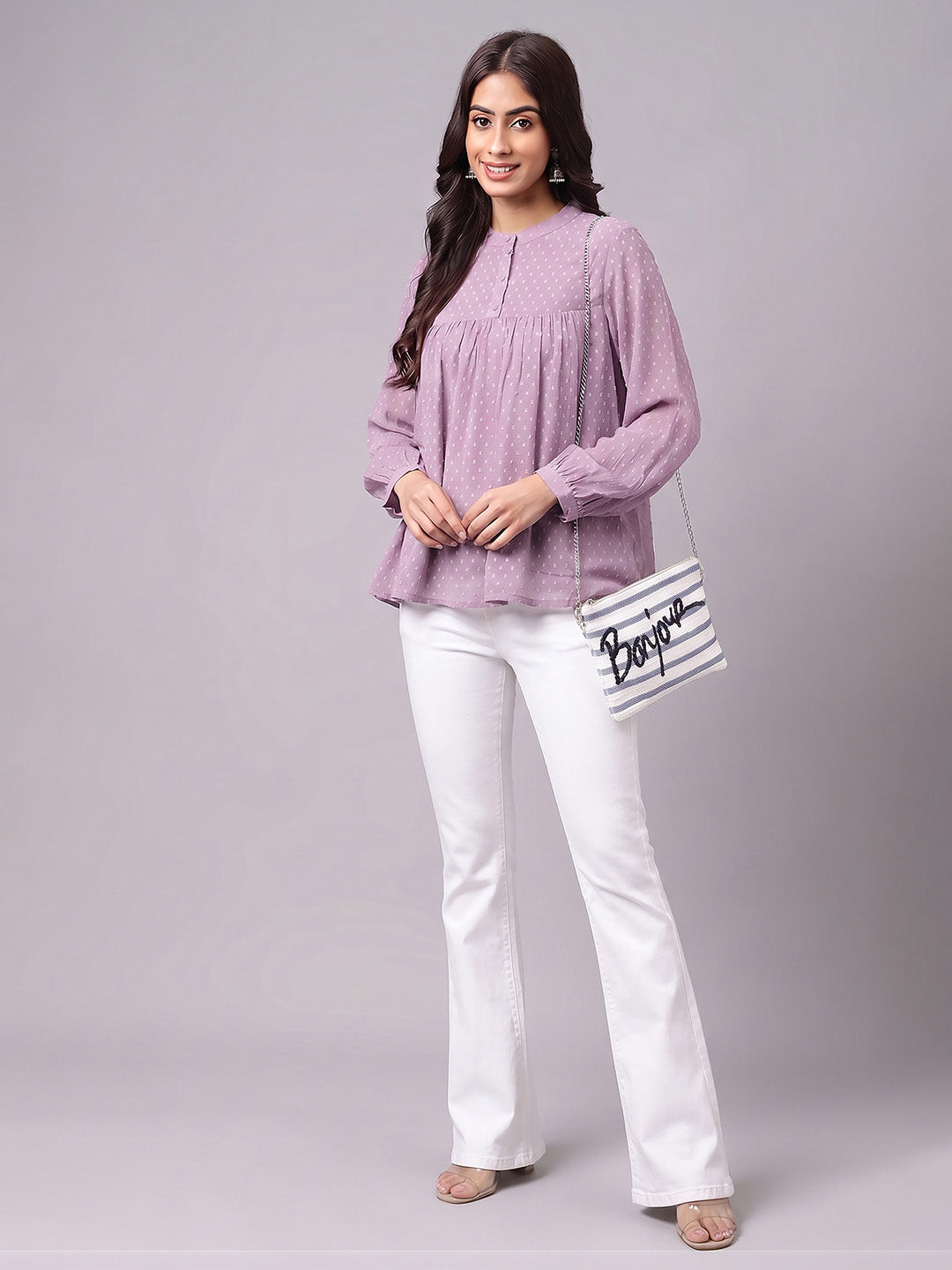 Janasya Lavender Gathered Dobby Chiffon Top