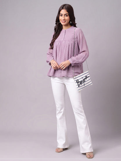 Janasya Lavender Gathered Dobby Chiffon Top