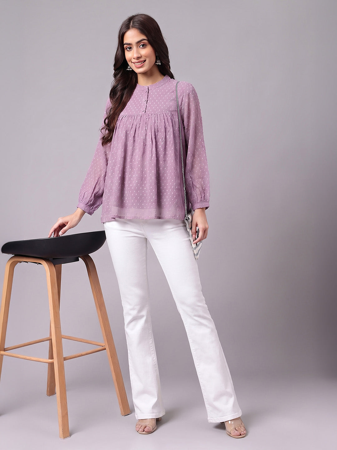 Janasya Lavender Gathered Dobby Chiffon Top