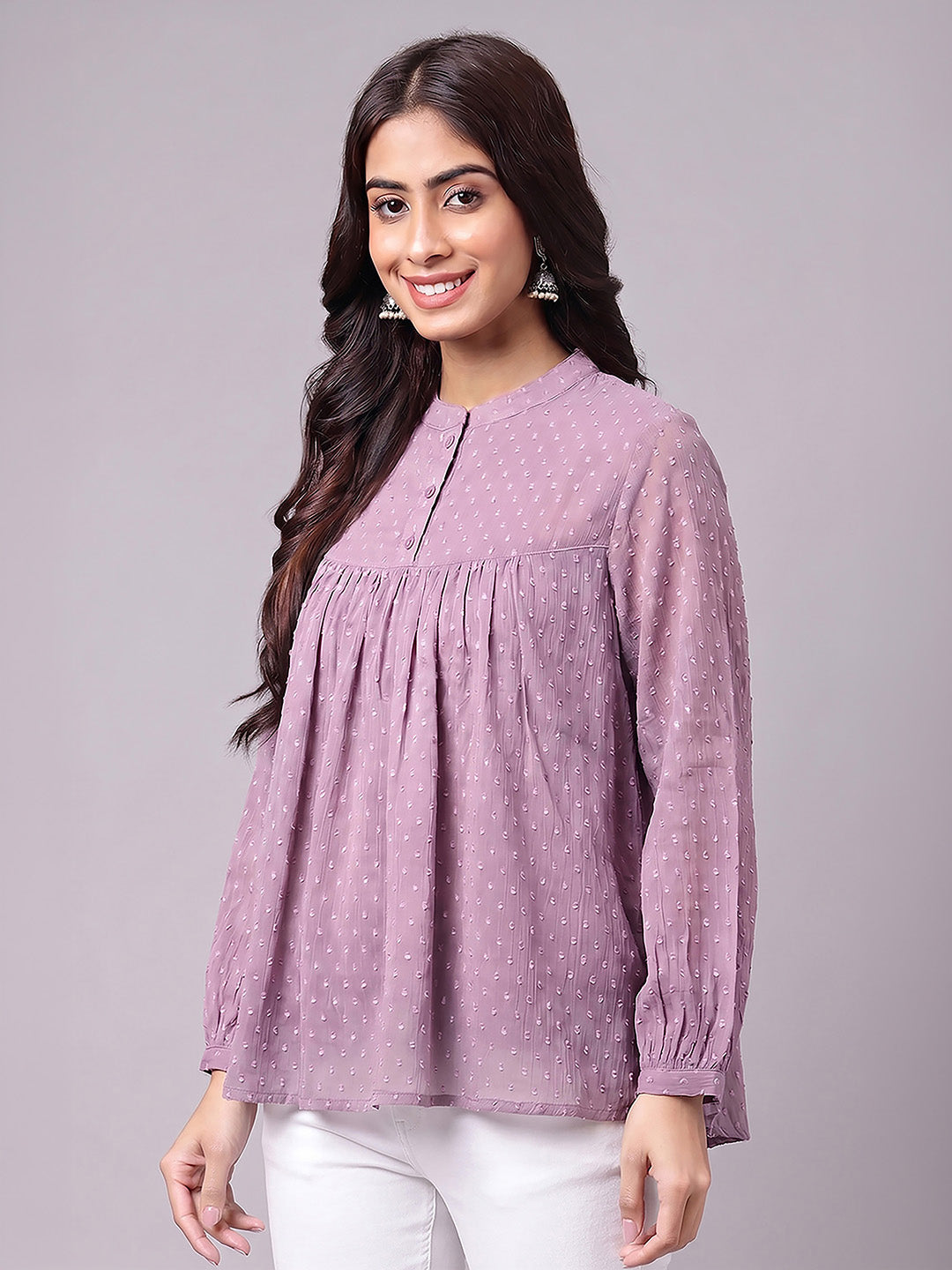 Janasya Lavender Gathered Dobby Chiffon Top