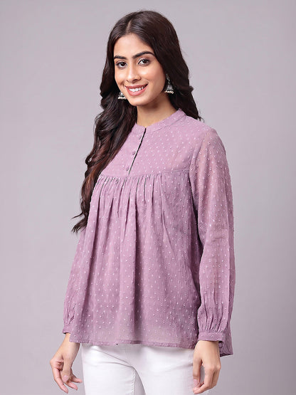 Janasya Lavender Gathered Dobby Chiffon Top