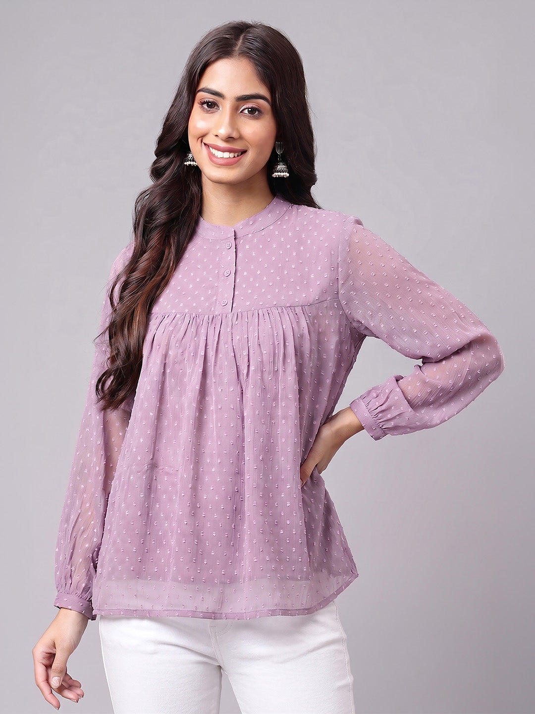 Janasya Lavender Gathered Dobby Chiffon Top