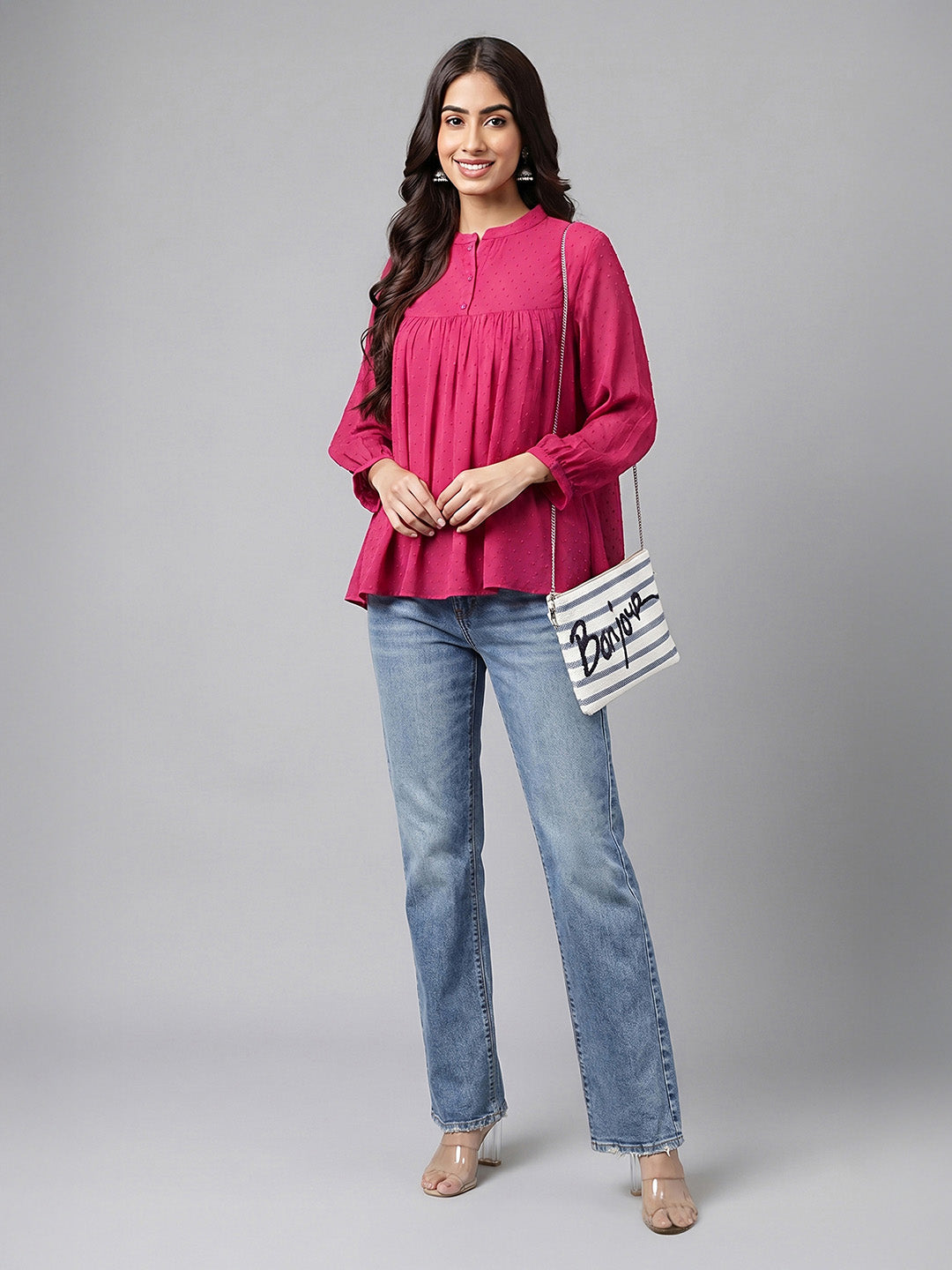 Janasya Magenta Gathered Dobby Chiffon Top