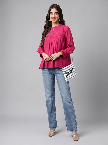 Janasya Magenta Gathered Dobby Chiffon Top