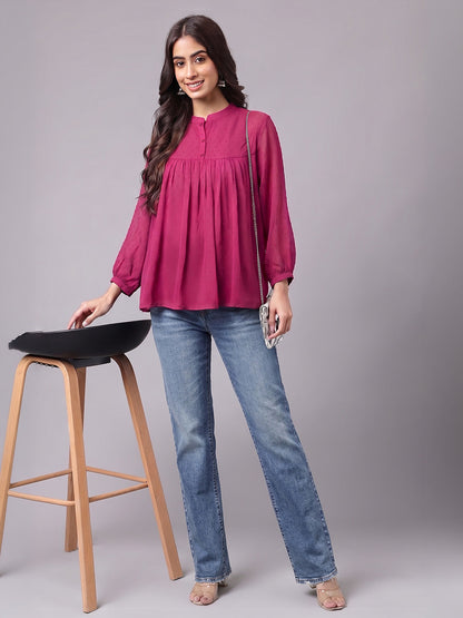 Janasya Magenta Gathered Dobby Chiffon Top