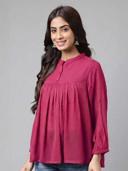 Janasya Magenta Gathered Dobby Chiffon Top