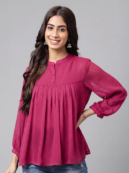 Janasya Magenta Gathered Dobby Chiffon Top