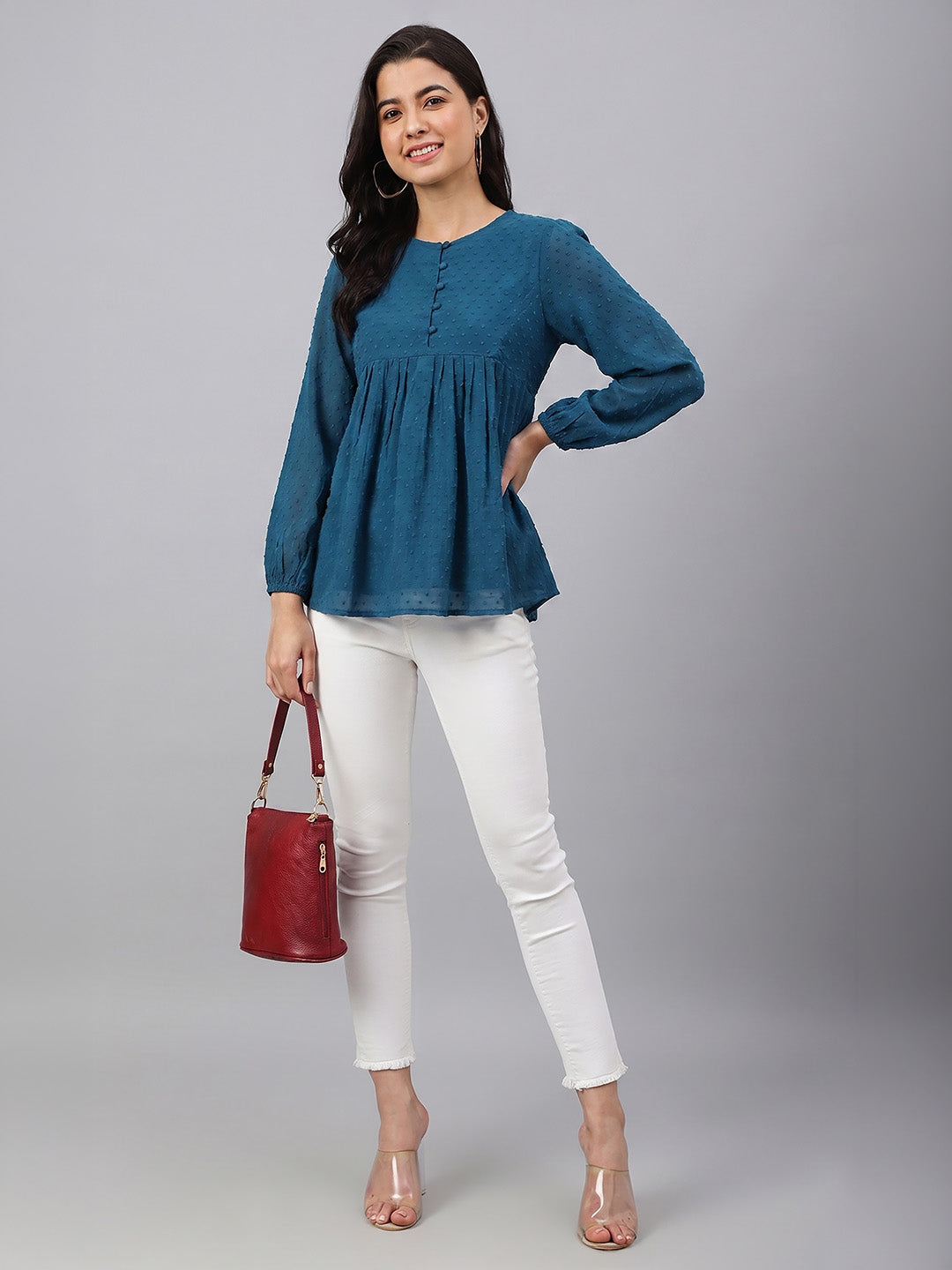 Janasya Teal Gathered Dobby Chiffon Top