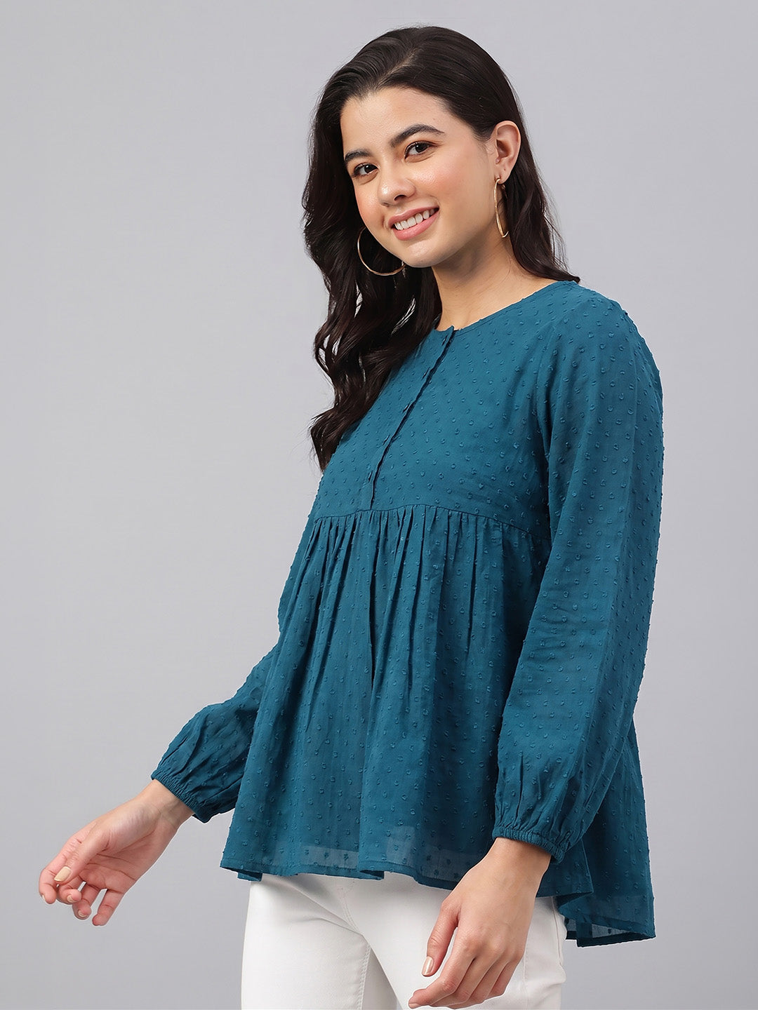 Janasya Teal Gathered Dobby Chiffon Top