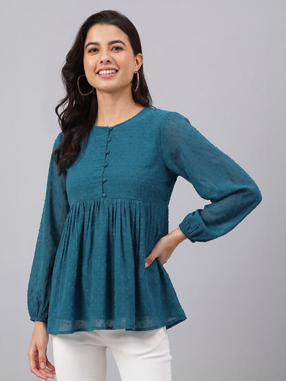Janasya Teal Gathered Dobby Chiffon Top