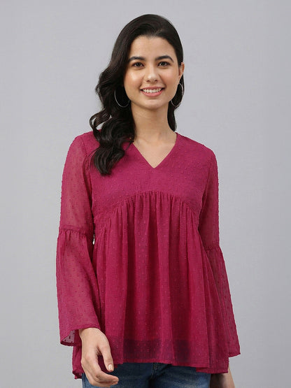 Janasya Pink Gathered Dobby Chiffon Top