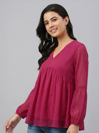 Janasya Pink Gathered Dobby Chiffon Top