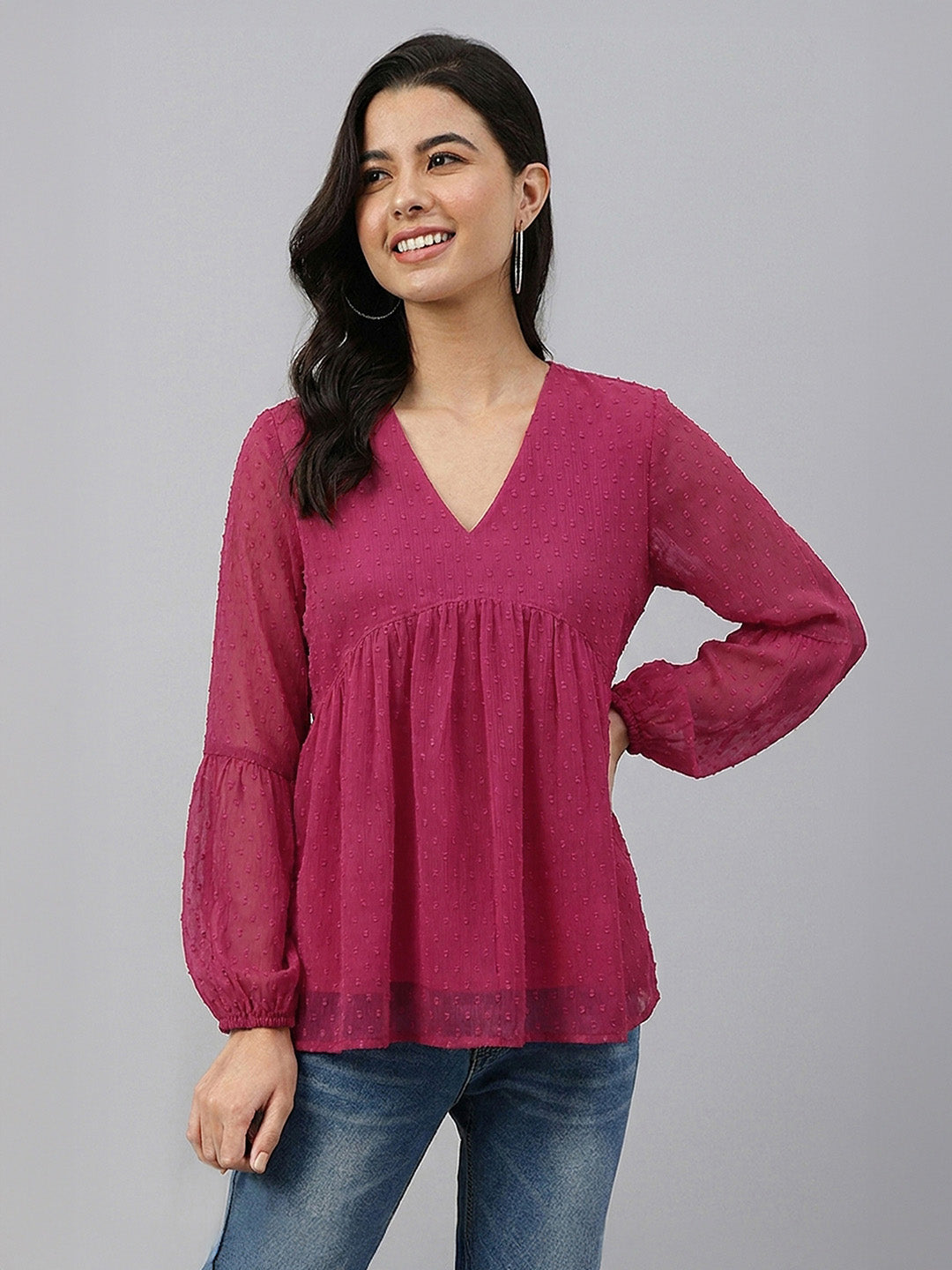 Janasya Pink Gathered Dobby Chiffon Top