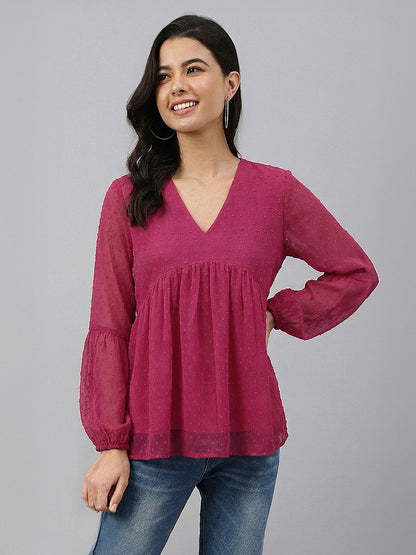 Janasya Pink Gathered Dobby Chiffon Top