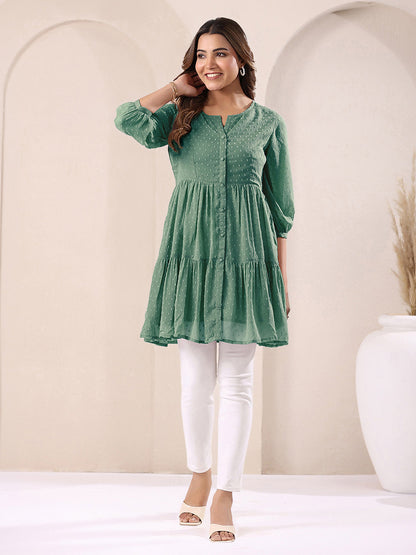 Janasya Sage Gathered Dobby Chiffon Tunic