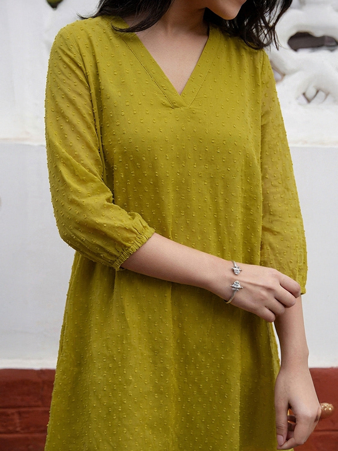Janasya Lime A-Line Dobby Chiffon Tunic