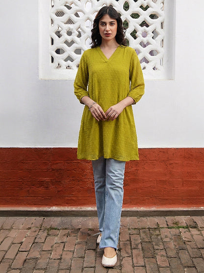 Janasya Lime A-Line Dobby Chiffon Tunic