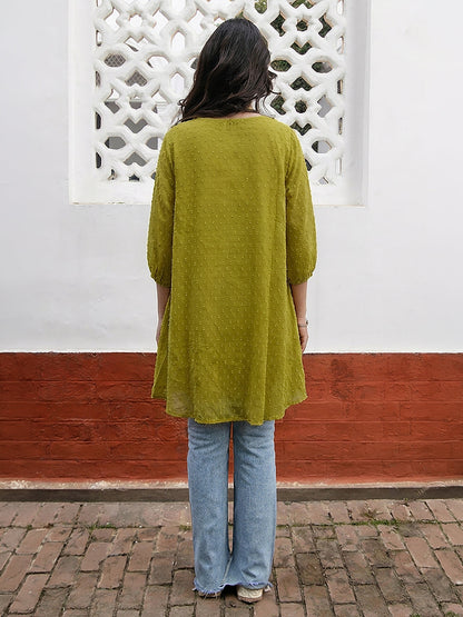 Janasya Lime A-Line Dobby Chiffon Tunic