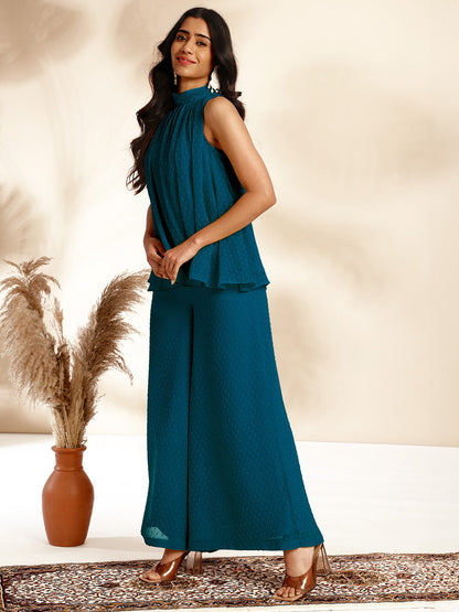 Janasya Dark Chiffon Self Design Gathered Top & Bottom Set