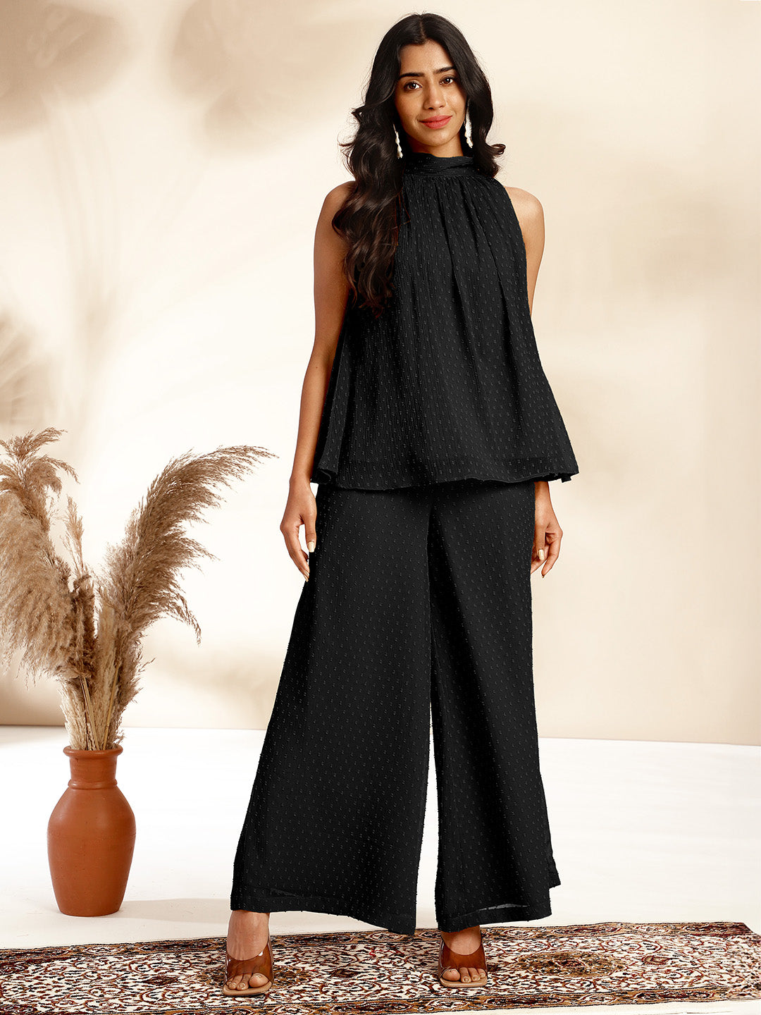 Janasya Black Dobby Chiffon Self Design Co-Ords