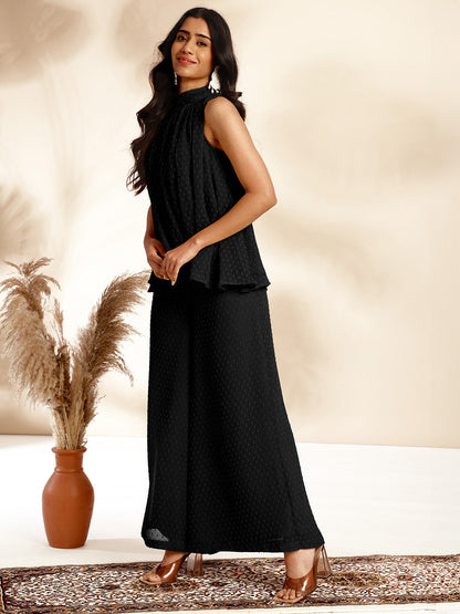 Janasya Black Dobby Chiffon Self Design Co-Ords