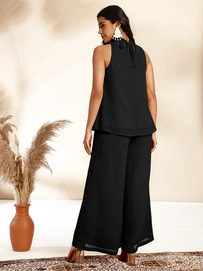 Janasya Black Dobby Chiffon Self Design Co-Ords