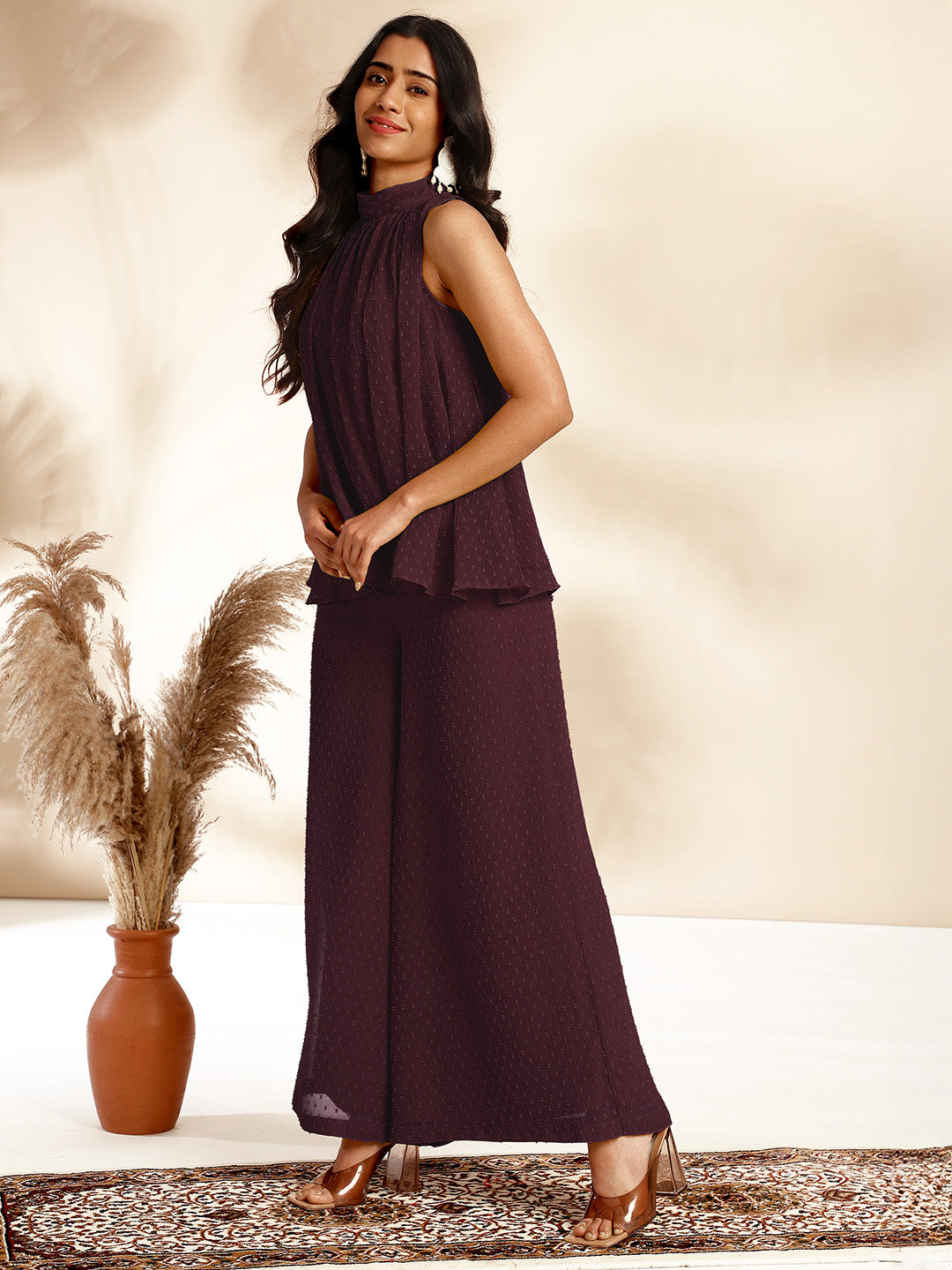 Janasya Dark Chiffon Self Design Gathered Top & Bottom Set