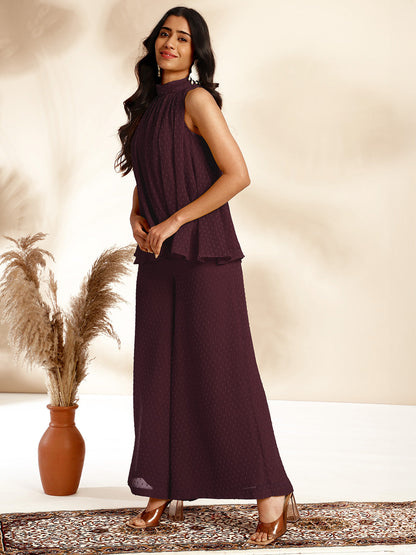 Janasya Dark Chiffon Self Design Gathered Top & Bottom Set