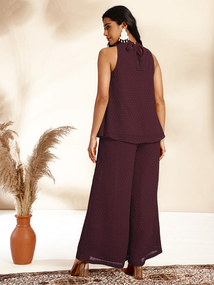 Janasya Dark Chiffon Self Design Gathered Top & Bottom Set