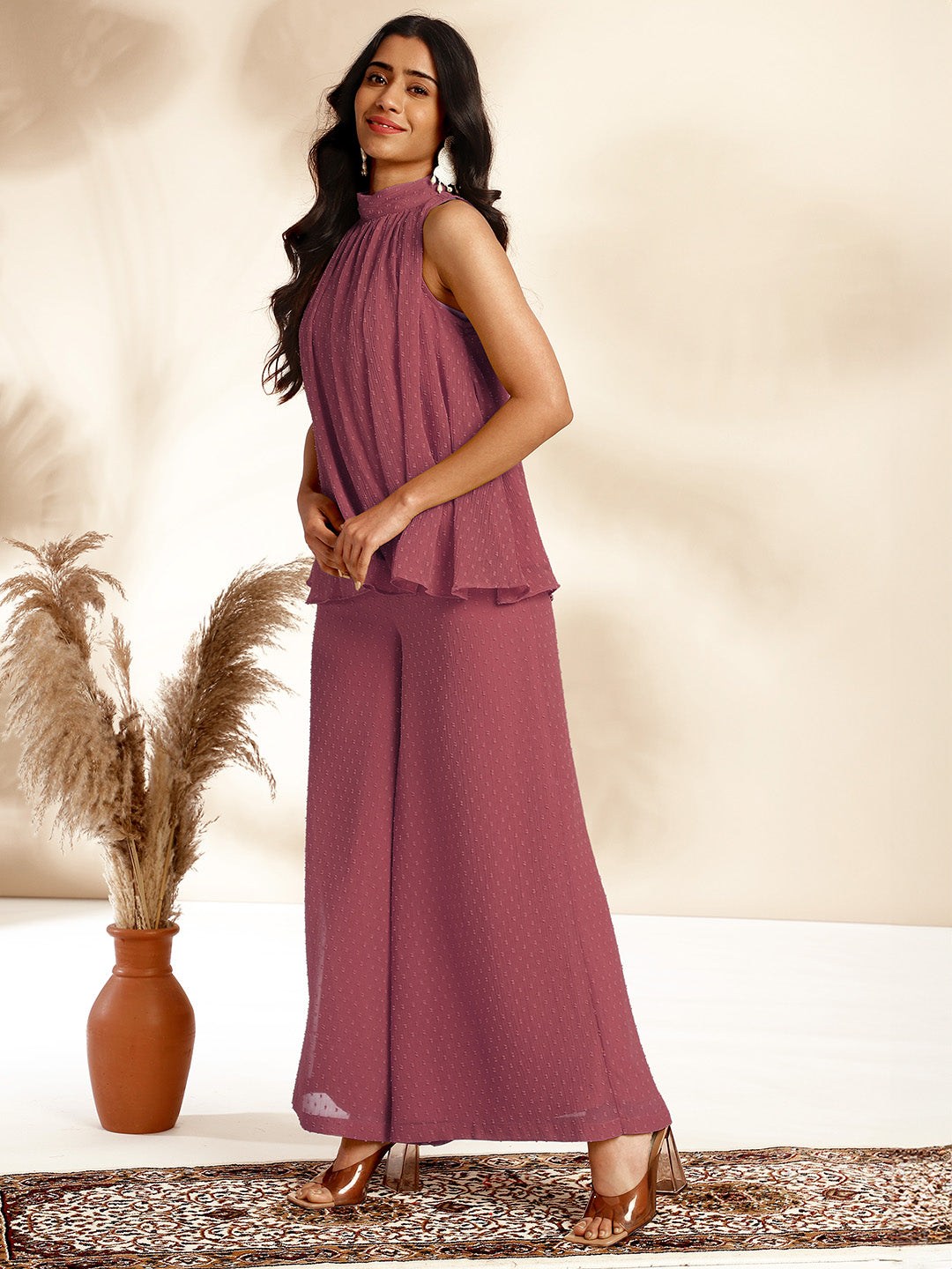 Janasya Coral Dobby Chiffon Self Design Co-Ords