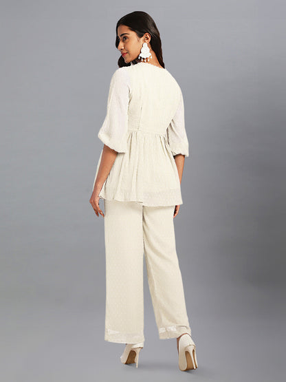 Janasya Light Dobby Chiffon Self Design Peplum Top & Bottom Set