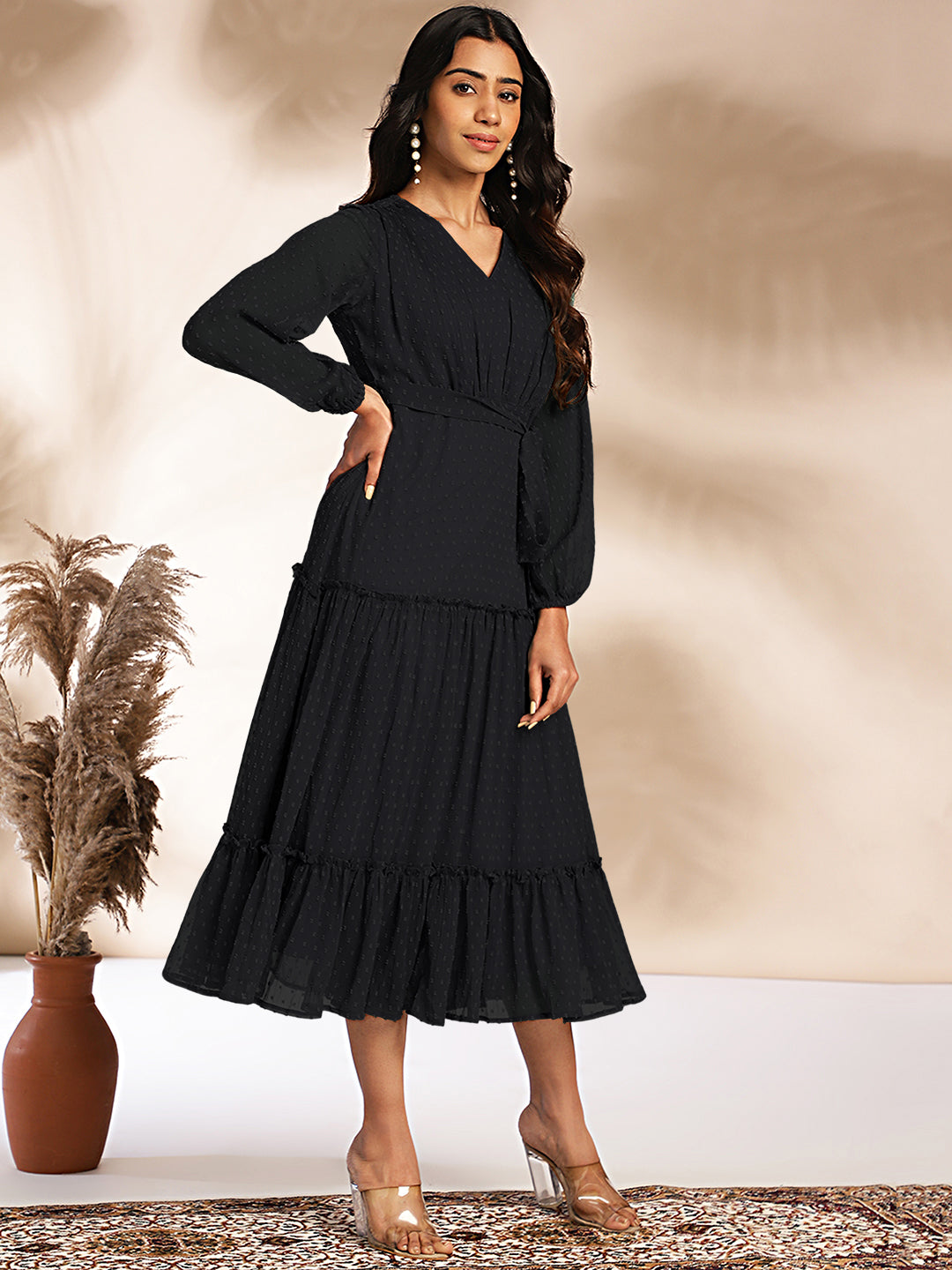 Janasya Dark Dobby Chiffon Woven Design Tiered Dress