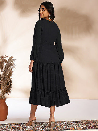 Janasya Dark Dobby Chiffon Woven Design Tiered Dress