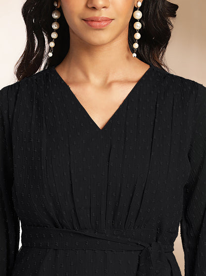 Janasya Dark Dobby Chiffon Woven Design Tiered Dress