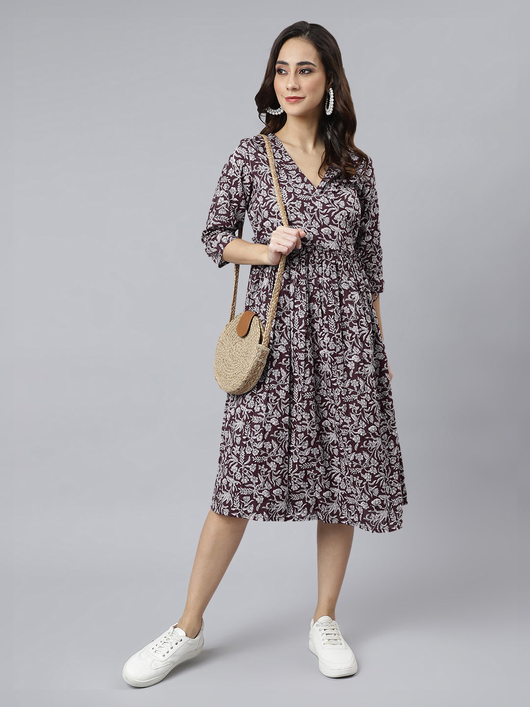 Janasya Dark Cotton Floral Angrakha Dress