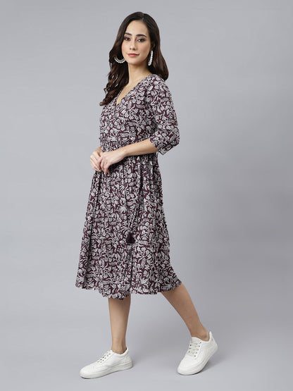 Janasya Dark Cotton Floral Angrakha Dress