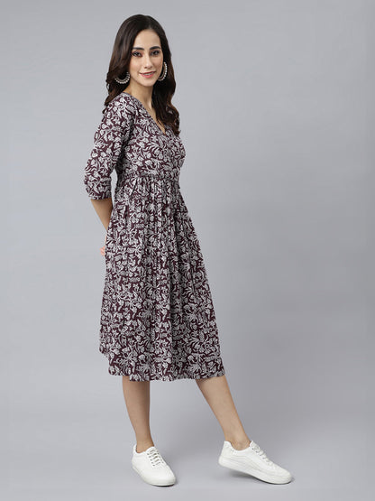 Janasya Dark Cotton Floral Angrakha Dress