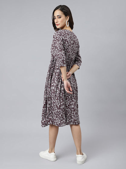 Janasya Dark Cotton Floral Angrakha Dress