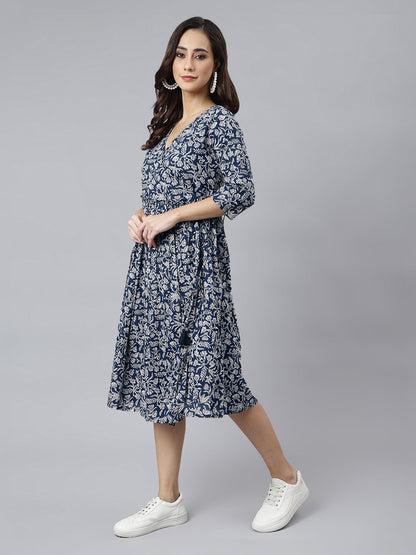 Janasya Dark Cotton Floral Angrakha Dress