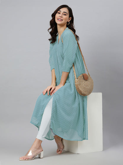 Janasya Light Dobby Chiffon Self Design Flared Kurta