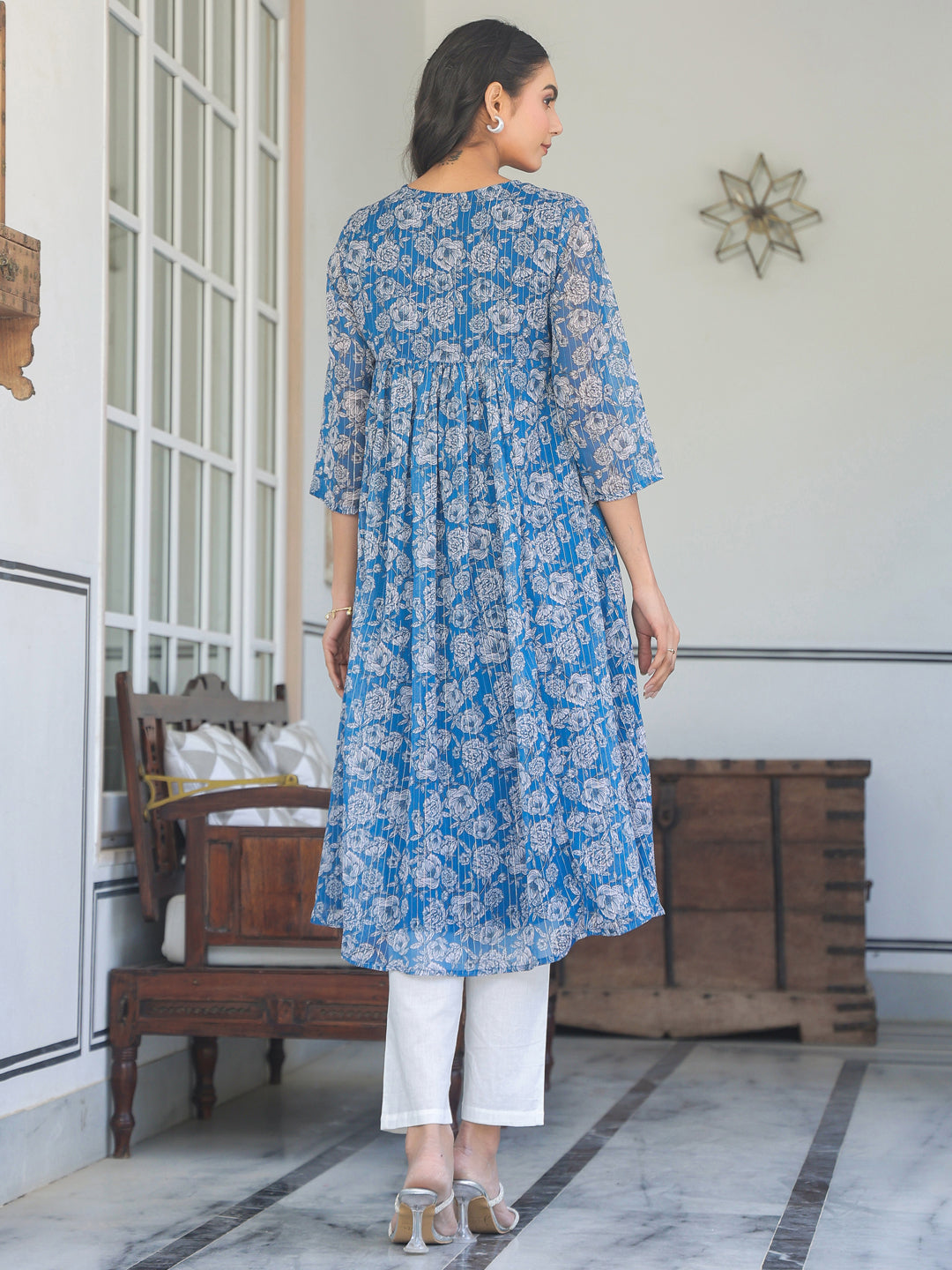 Janasya Dark Chiffon Floral A-Line Kurta