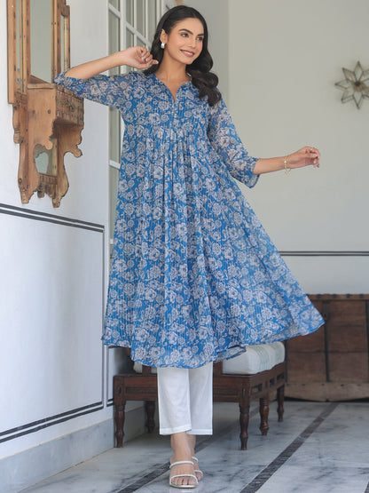 Janasya Dark Chiffon Floral A-Line Kurta