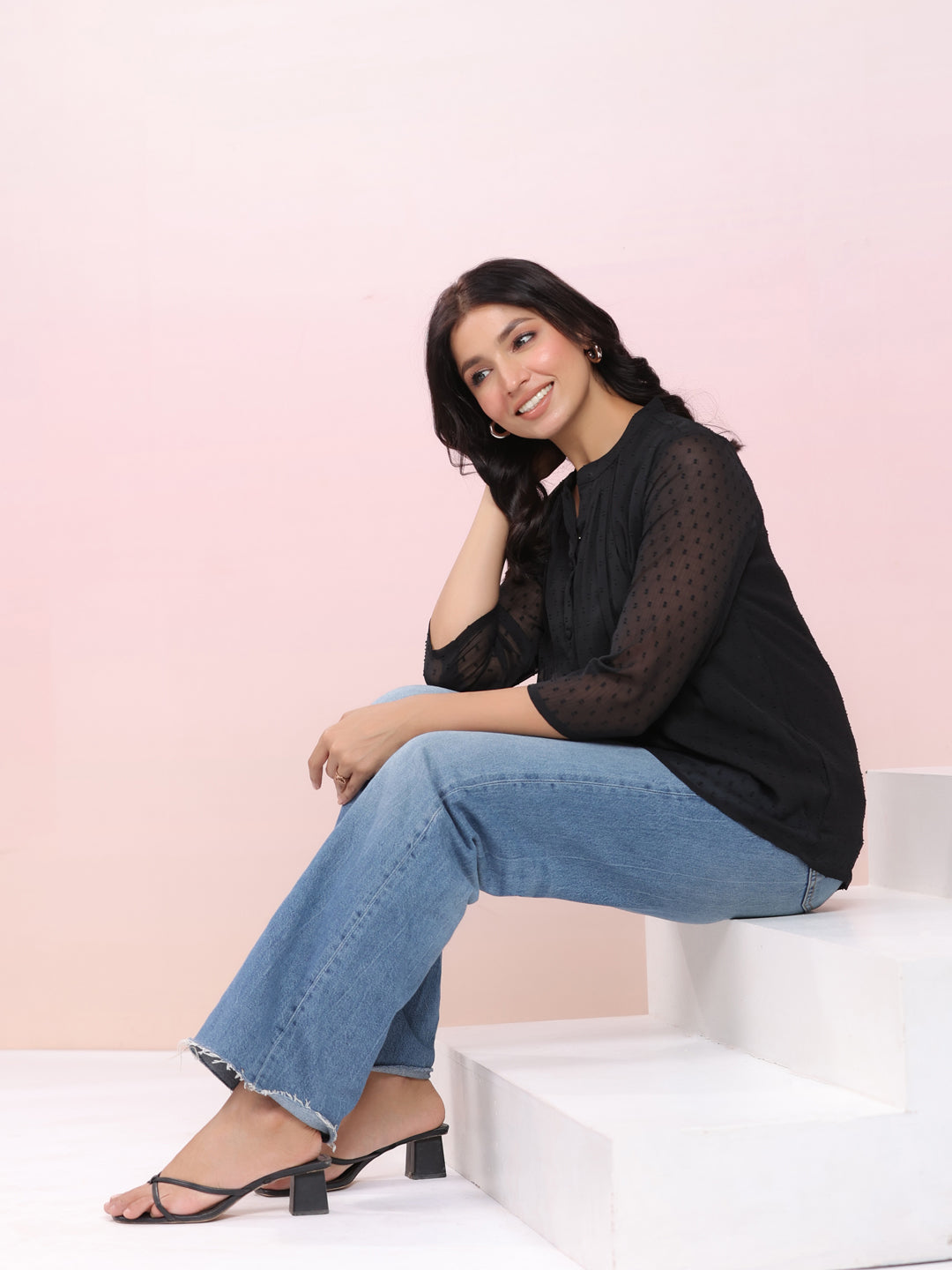 Janasya Dark Dobby Chiffon Solid Regular Top