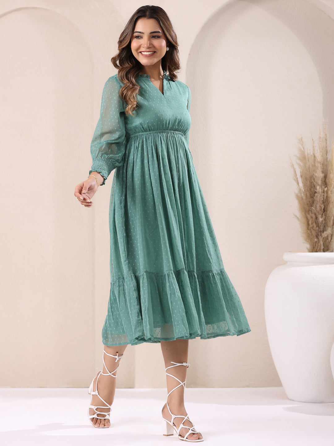 Janasya Dark Dobby Chiffon Self Design Fit & Flare Dress